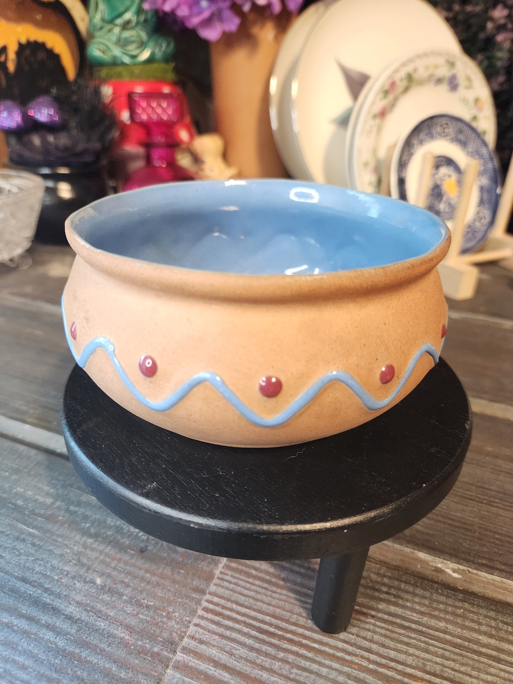 Handcrafted Terra Cotta Bowl with Blue Interior and Red Accents